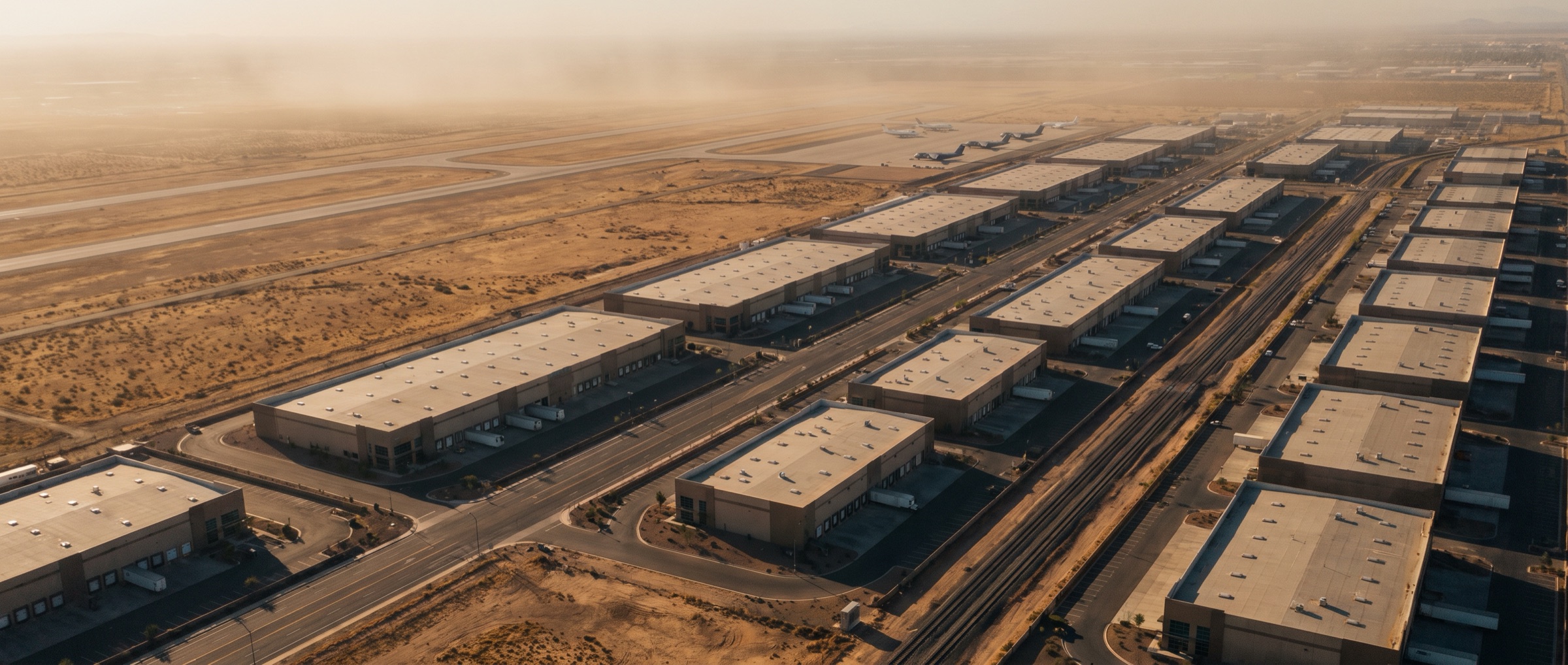 Aerial view of a desert logistics district at golden hour