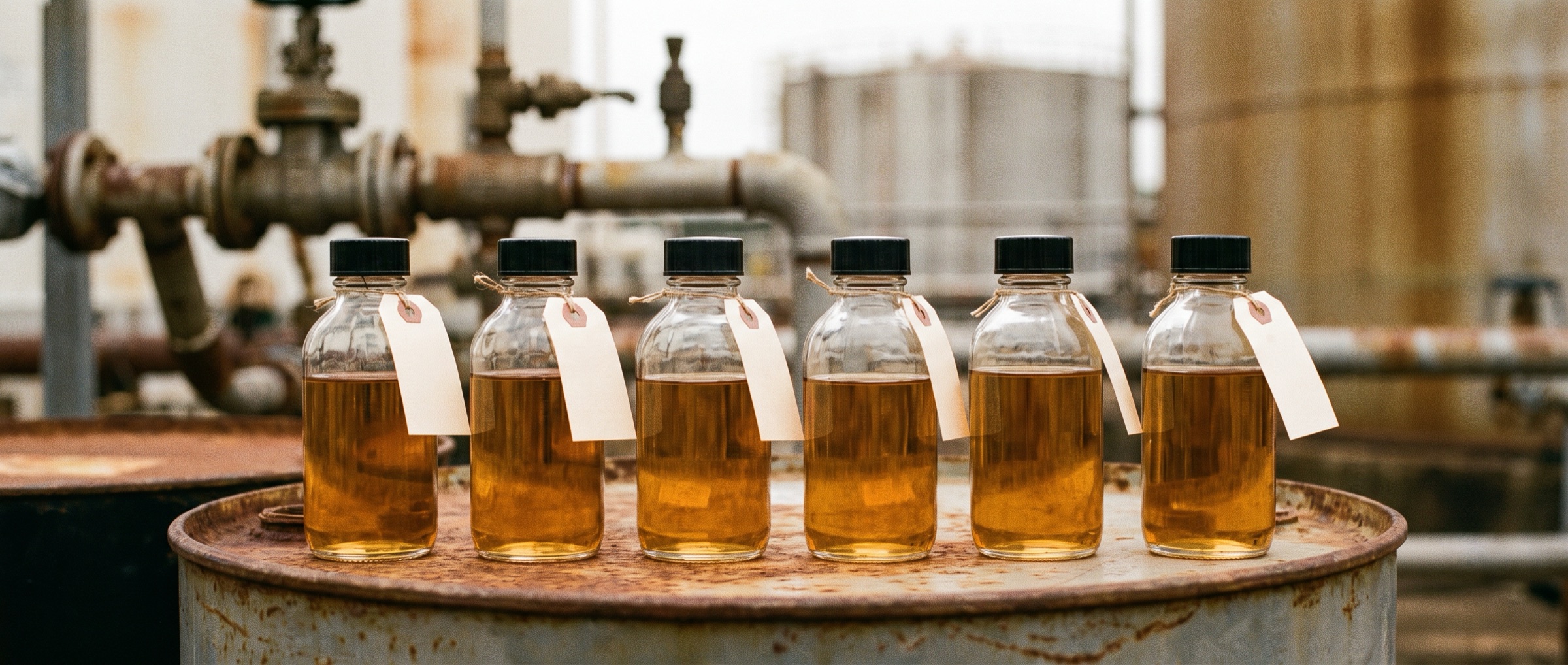 Tagged diesel sample bottles on a steel drum at a terminal