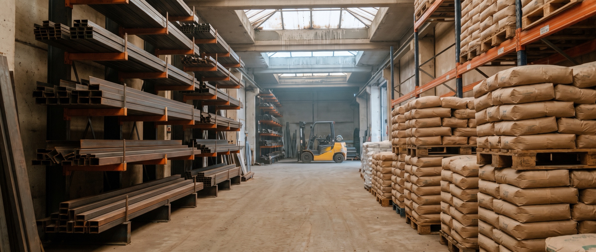 Warehouse aisle with racked steel and palletised cement
