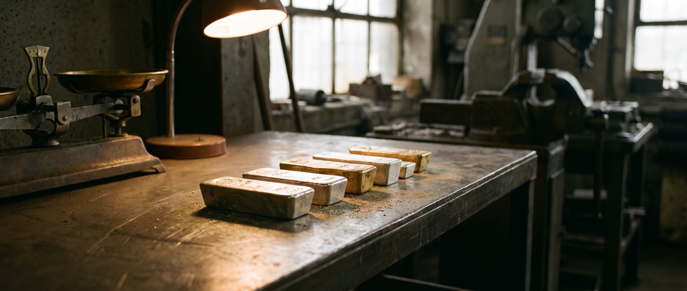 Gold and silver bars on a refinery workbench