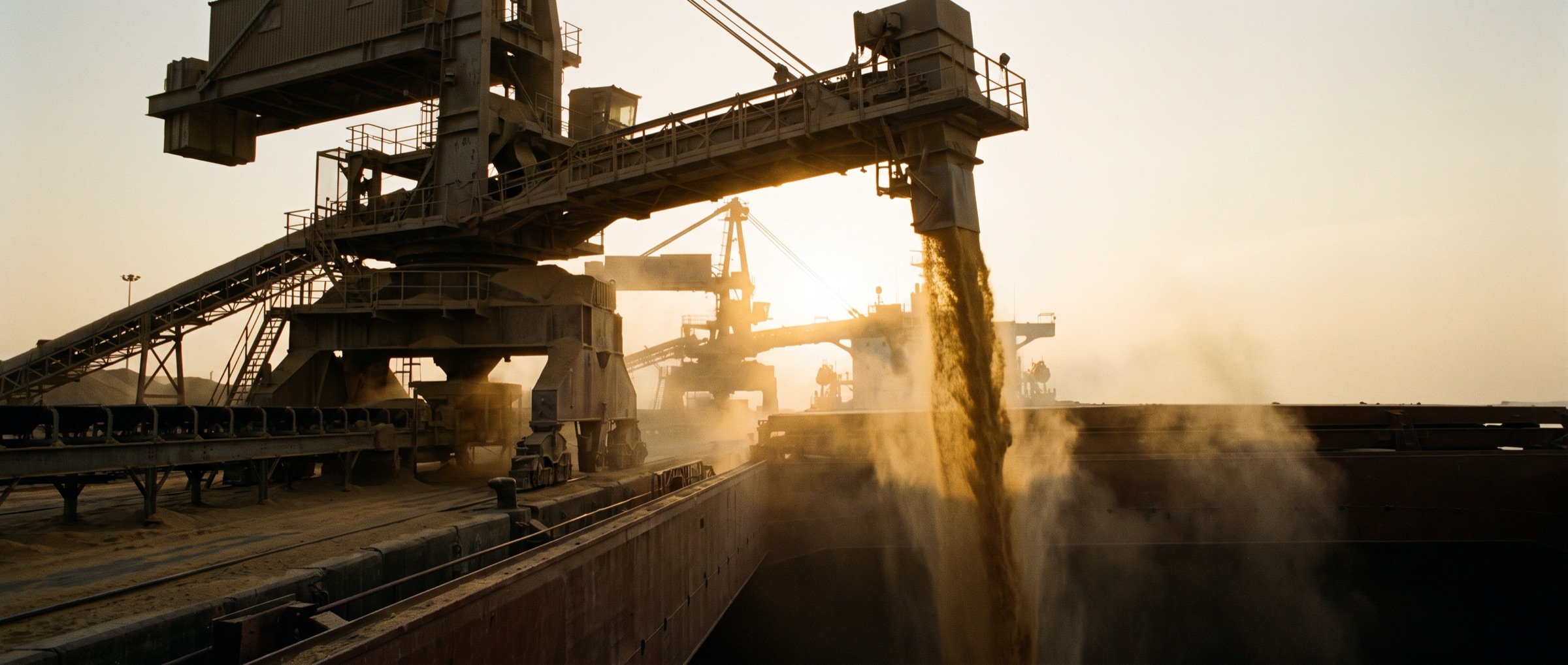 Grain pouring from a gantry loader into a ship hold
