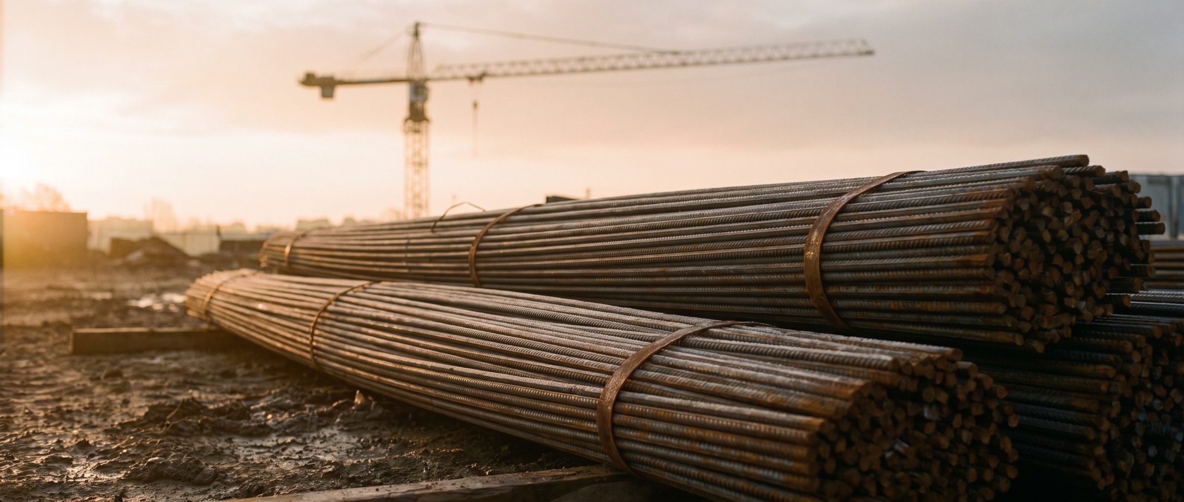 Rebar bundles stacked on a construction site at sunrise
