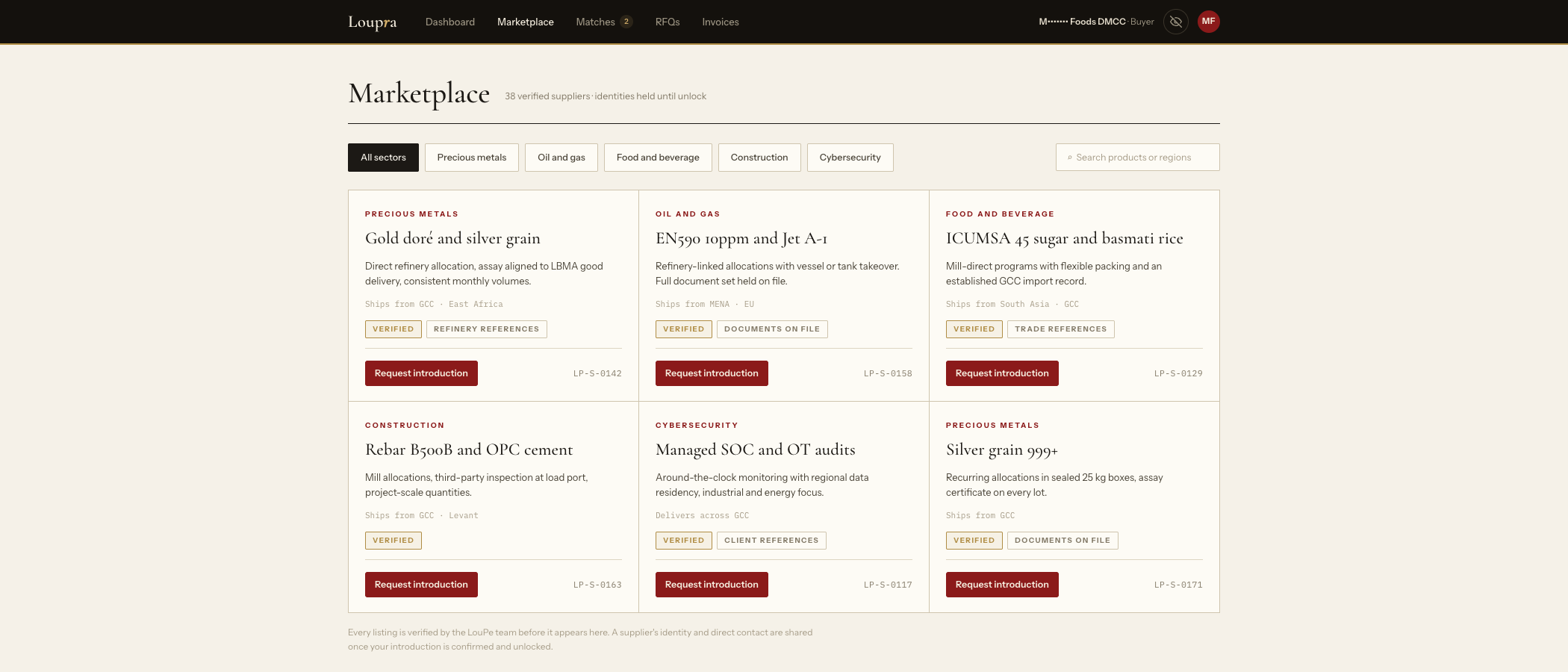 Loupra marketplace screen with verified supplier listings
